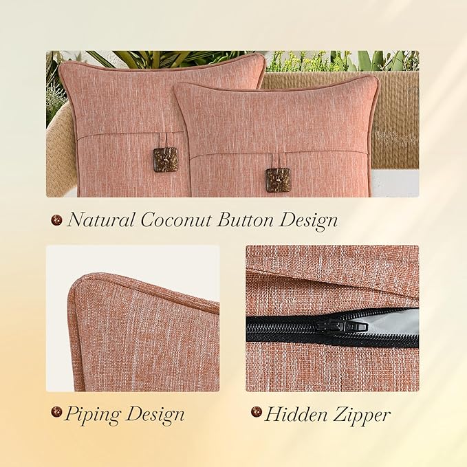 Outdoor Decorative Pillows with Coconut Button Pack of 4, 16" x 16" Outdoor Pillow Set for Couch Bed Throw Patio Sofa, Light Lotus Red