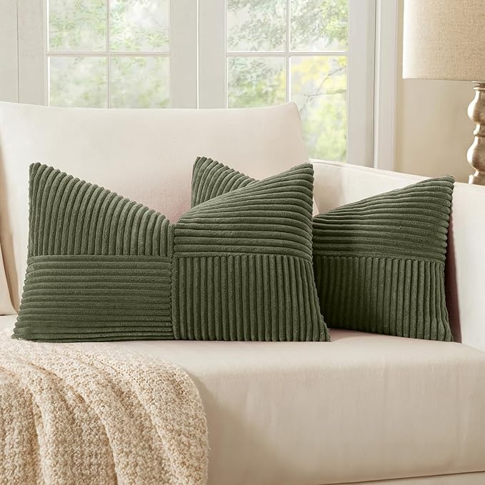 MIULEE 12x20 Inch Boho Lumbar Accent Pillows Set of 2 - Olive Green Corduroy Textured Throw Pillow Covers with Cross Patchwork Design, Soft Spliced Decorative for Sofa, Bed & Reading Nook