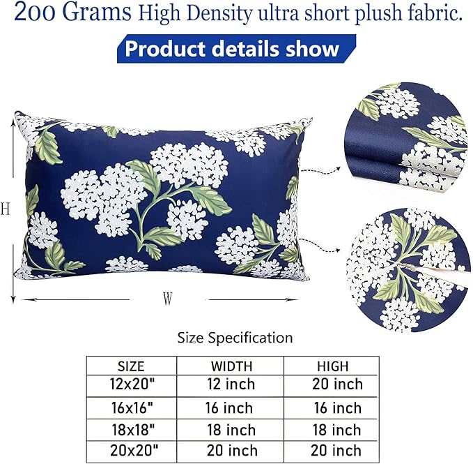 Decorative Throw Pillow Covers Set of 2 Blue Hydrangea Pillow Covers 12x20 inch Super Soft Short Plush Square Floral Throw Pillows,Farmhouse Outdoor Pillow Covers for Couch Living Room