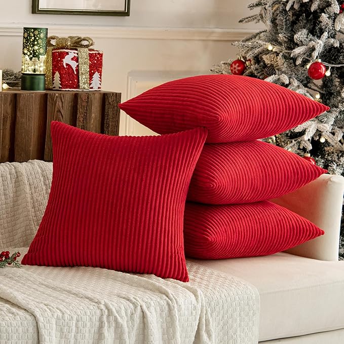 MIULEE Boho Farmhouse Throw Pillow Covers 16x16 Inch Set of 4 Mordern Nordic Cushion Covers Soft Corduroy Home Decor for Couch Bed Sofa Living Room Christmas Red