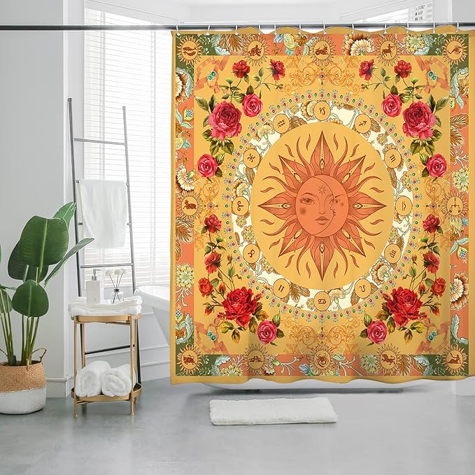 Bohemian Bathroom Curtain Colorful Boho Floral Print Beautiful Bright Polyester Fabric Cloth Shower Curtain for Bathroom Decoration, 72"x72"