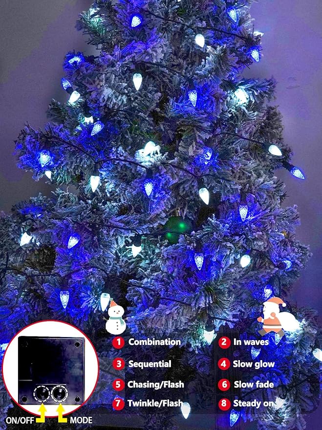 C6 Solar Christmas Lights Outdoor, 50 LED 16FT Christmas Decorations Outdoor Waterproof, Solar String Lights for Outside with 8 Modes, Fairy Twinkle Light for Tree Garden Xmas Decor (White and Blue)