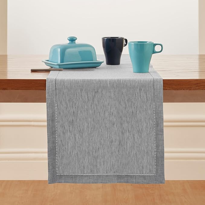 Solino Home Linen Table Runner 108 Inches Long - Milan Hemstitch 100% Pure Linen Oyster Grey Dining Table Runner 14 x 108 Inch for Fall, Autumn, Thanksgiving, Christmas, Holiday