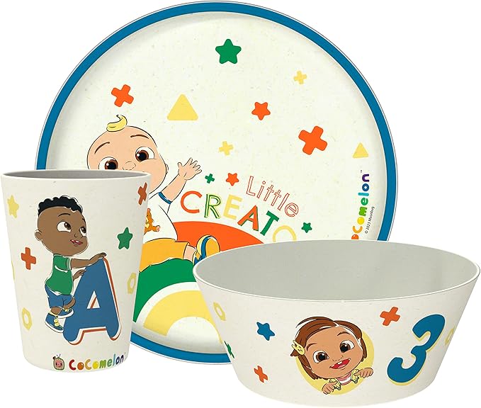 Zak Designs CoComelon Kids Dinnerware Set 3 Pieces, Durable and Sustainable Melamine Bamboo Plate, Bowl, and Tumbler are Perfect For Dinner Time With Family (JJ, Cody, Nina)