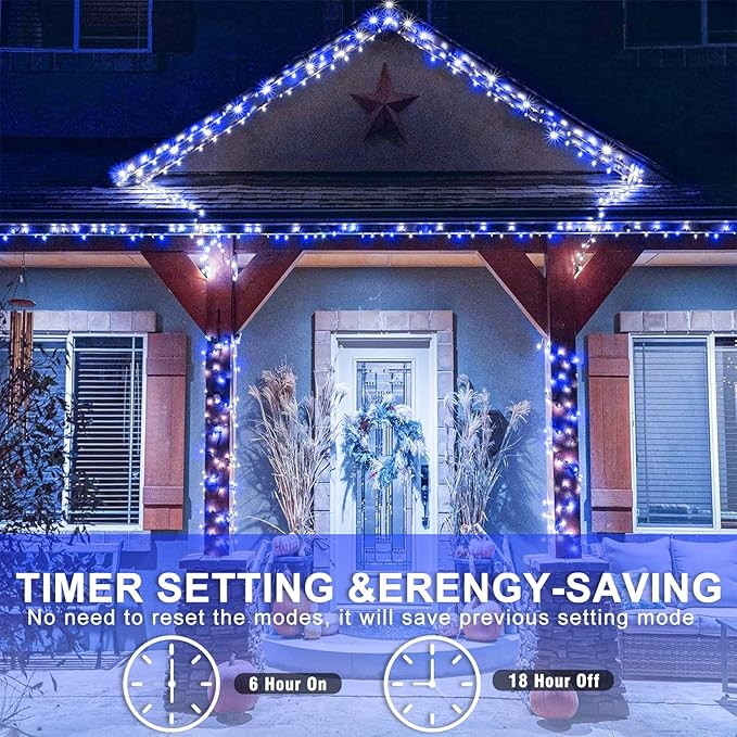 120 LED Blue White Christmas Lights Outdoor, 40ft Clear Wire Christmas Tree Lights 8 Modes, Plug in Waterproof Twinkle Fairy Lights for Indoor Christmas Bedroom Tree Decorations