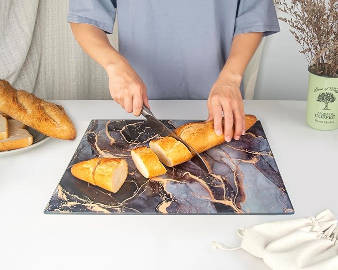 Glass Cutting Board 16"x12": Tempered Glass Kitchen Counter Protector - Durable- Scratch-Resistant, Heat-Proof - Design 8 - Grey & Gold