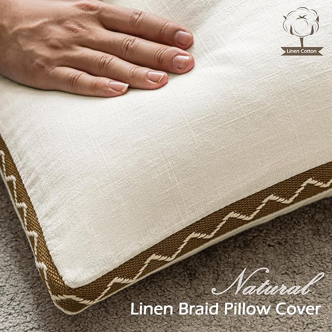 Decorative Neutral Linen Throw Pillow Covers 20x20 Inch Set of 2, Cream White Boho Farmhouse Pillow Covers with Braid Fringe for Sofa Bed Modern Couch Pillow Cases for Organic Home Decor