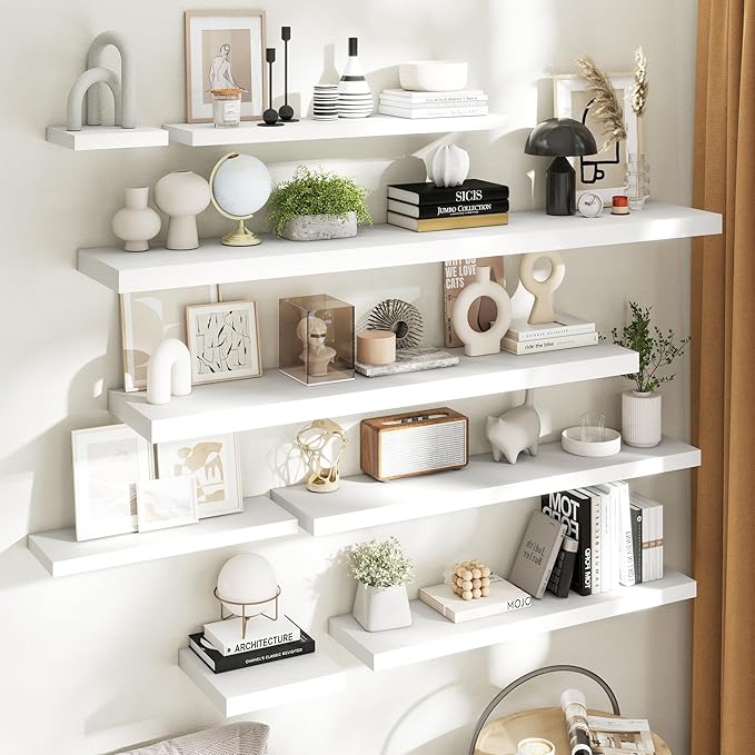 Floating Shelves for Wall with Invisible Brackets, Wall Mounted Engineered Wood Shelves with Wood Grain for Living Room, Bedroom, Bathroom, Kitchen Decor and Storage, Oak, 55"L Set of 2, White