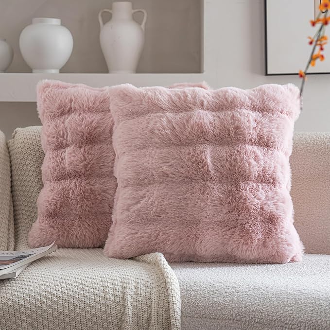 Neelvin Pink Faux Fur Cozy Soft Double-Sided Decorative Throw Pillow Covers 18x18 inch Set of 2,Velvet Pillowcase Cushion Case for Sofa Couch