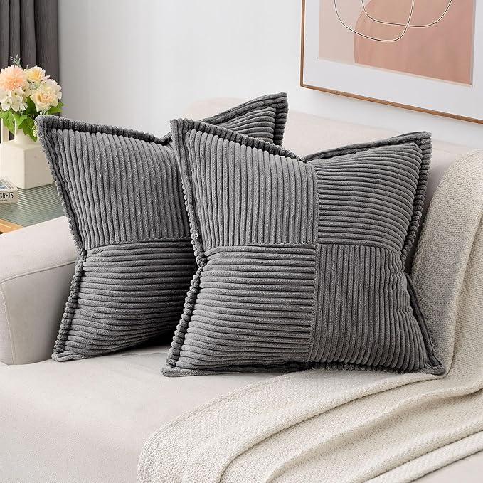 HAUSSY Dark Grey Throw Pillow Covers 18x18 Inch Set of 2,Soft Solid Corduroy Striped/Wide Bordered,Square Decorative Cushion Case,Spring Home Decorations for Couch,Bed