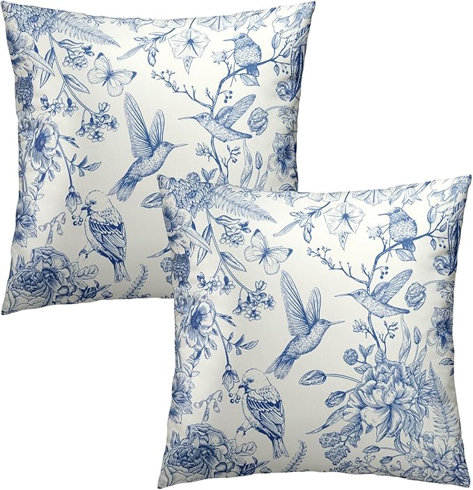 Blue Birds Flowers Pillow Covers 22X22 Inch Vintage Floral Linen Square Pillowscase Double Sided Asian Traditional Pattern Couch Cushion Cover for Home Bedroom Living Room Decor