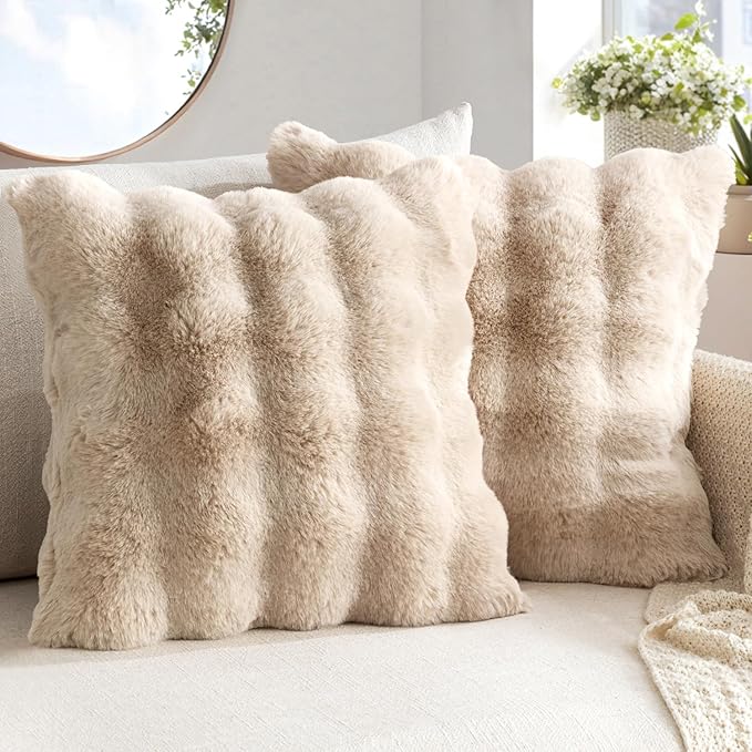 MIULEE Pack of 2 Decorative Pillow Covers Thick Soft Plush Faux Fur Throw Pillows Luxury Home Decor for Couch Bedroom Living Room Sofa,20x20 Inch Khaki