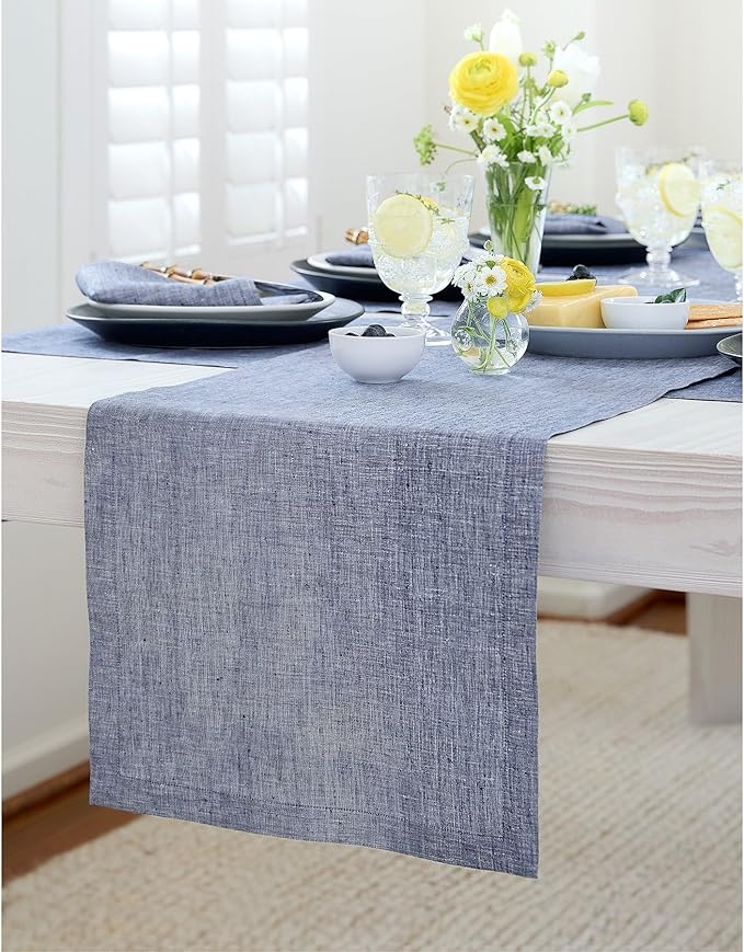 Solino Home Linen Chambray Indigo Table Runner 132 Inches Long - Athena, 100% Pure Linen Dining Table Runner 14 x 132 Inch for Christmas