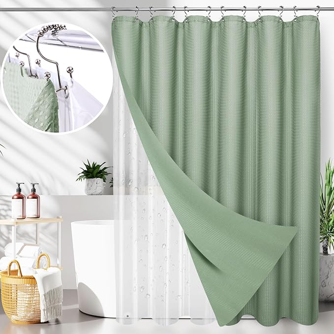 3 in 1 Waterproof Waffle Weave Shower Curtain and Clear Liner Set with 12 Stainless Steel Hooks Double Sided for Bathroom 72 Inches Heavy Duty Polyester Fabric Shower Curtains 72x72