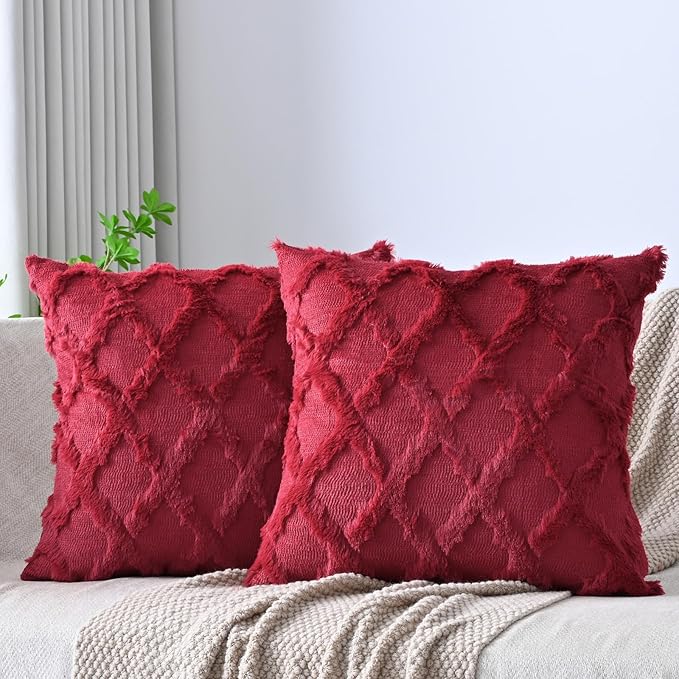 Set of 2 Soft Moroccan Throw Pillow Covers 22x22 Inch Plush Boho Decorative Pillow Cover Accent Cushion Case for Couch Sofa Bed, Burgundy