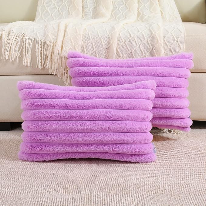 FUTEI Purple Striped Decorative Throw Pillow Covers 12x20 Inch Set of 2,Rectangle Winter Decorations Couch Lumbar Pillowcase,Soft Cozy Faux Rabbit Fur & Velvet Back,Modern Home Decor for Bed
