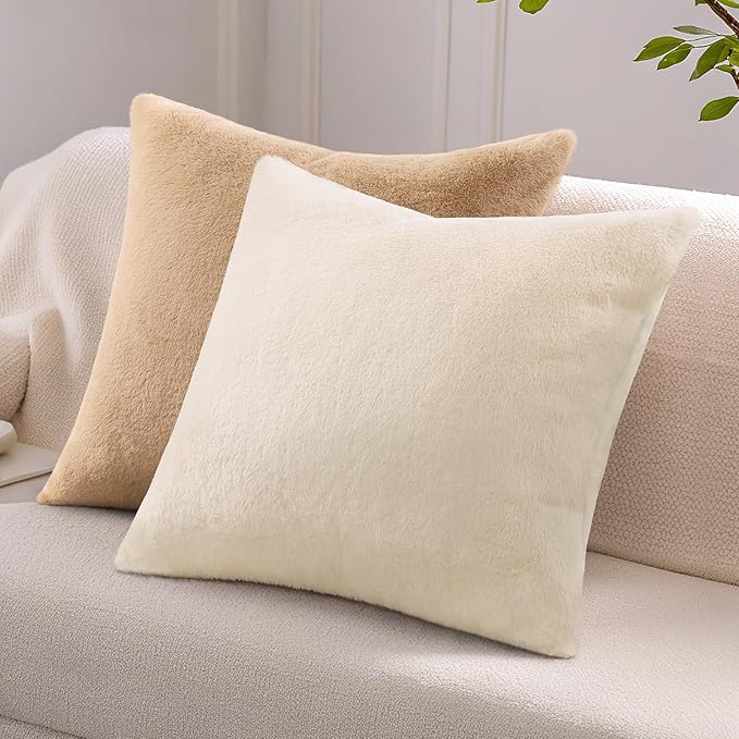 Pallene Faux Fur Plush Throw Pillow Covers 22x22 Set of 2, Soft Fluffy Couch Pillow Covers for Living Room, Khaki