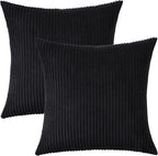Mecatny Corduroy Decorative Throw Pillow Covers 20x20 Set of 2 for Sofa Living Room, Soft Neutral Boho Couch Pillow Covers for Home Decor, Black