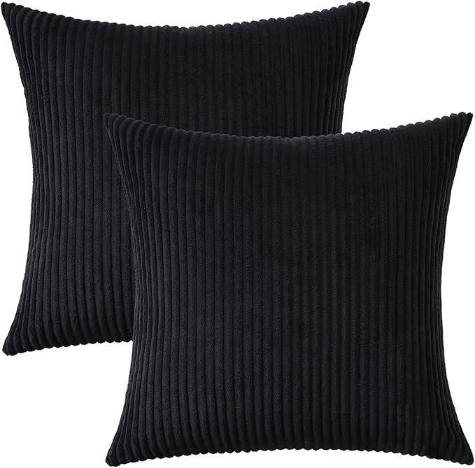 Mecatny Corduroy Decorative Throw Pillow Covers 16x16 Set of 2 for Sofa Living Room, Soft Neutral Boho Couch Pillow Covers for Home Decor, Black