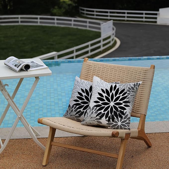 DFXSZ Black Grey Flower Pillow Covers 20x20 Inch Set of 2 White Gray Colored Throw Pillows Outdoor Waterproof Decor for Living Room Sofa Patio Funiture Garden Floral Polyester Pillow Covers 002I20