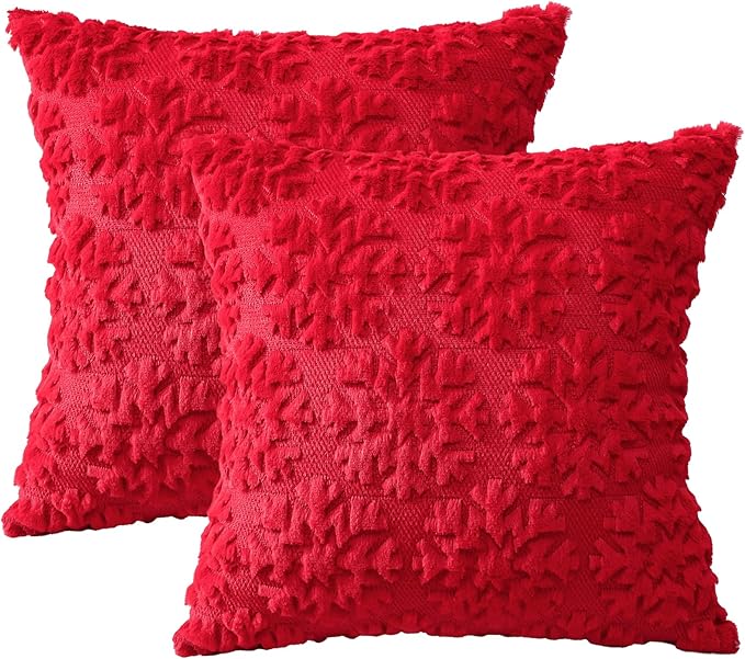 OTOSTAR Set of 2 Xmas Soft Plush Short Wool Velvet Decorative Throw Pillow Covers Square Luxury Style Cushion Case Pillow Shell for Sofa Bedroom Snowflake Red, 26x26 Inch