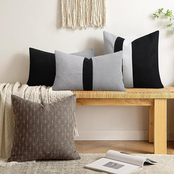 Adabana Stripe Pillow Covers 12x20 Set of 2 Square Patchwork Linen Decorative Lumbar Throw Pillow Covers Modern Farmhouse Decor Pollowcases for Couch Sofa Bedroom,Black Stripe