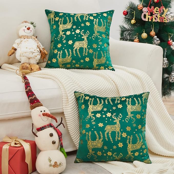 Topfinel Christmas Pillow Covers 18x18 Set of 2,Xmas Velvet Snowflake Reindeer Decorative Pillow Case Winter Holiday Decor for Home Couch,Green and Gold