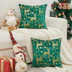 Topfinel Christmas Pillow Covers 18x18 Set of 2,Xmas Velvet Snowflake Reindeer Decorative Pillow Case Winter Holiday Decor for Home Couch,Green and Gold