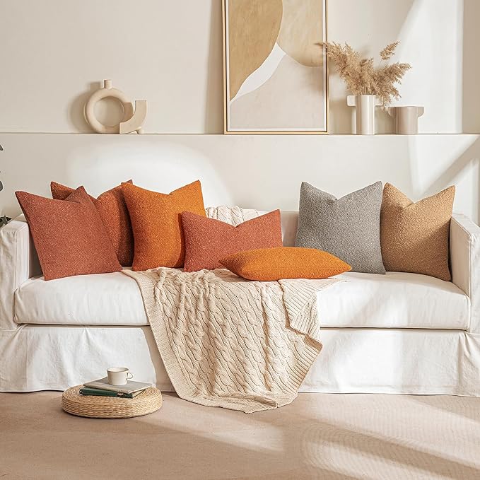 MIULEE 18x18 Inch Decorative Pillow Covers for Couch Bed Set of 2 Textured Boucle Neutral Winter Throw Pillows Rust Accent Solid Cushion Pillowcases Sofa Livingroom Home Decor