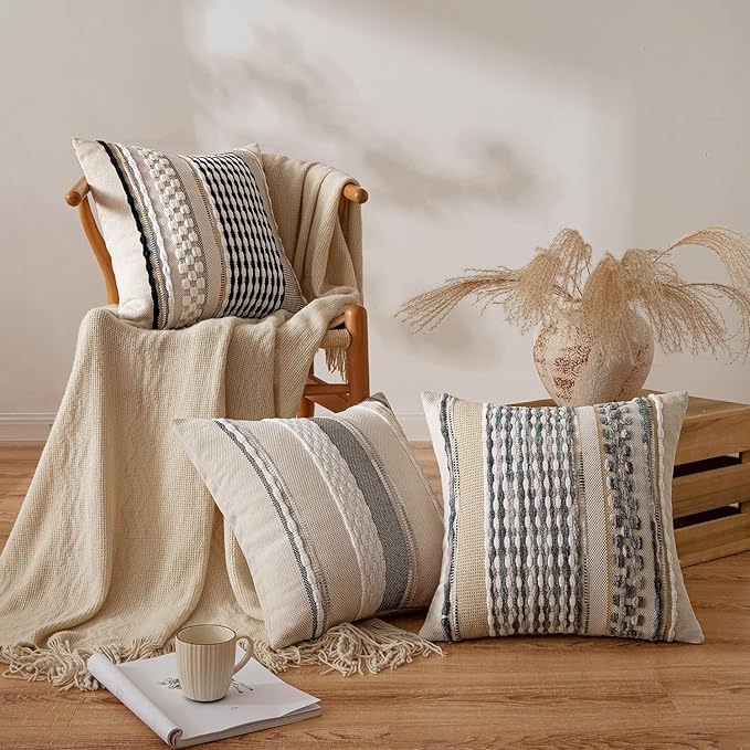 ANRODUO Pack of 2 Boho Decorative Throw Pillow Covers 18x18 Farmhouse Cushion Case Striped Chenille Pillow Cases Square Pillow Covers Accent Neutral Pillowcase for Sofa Couch Bed, Black-White Stripe