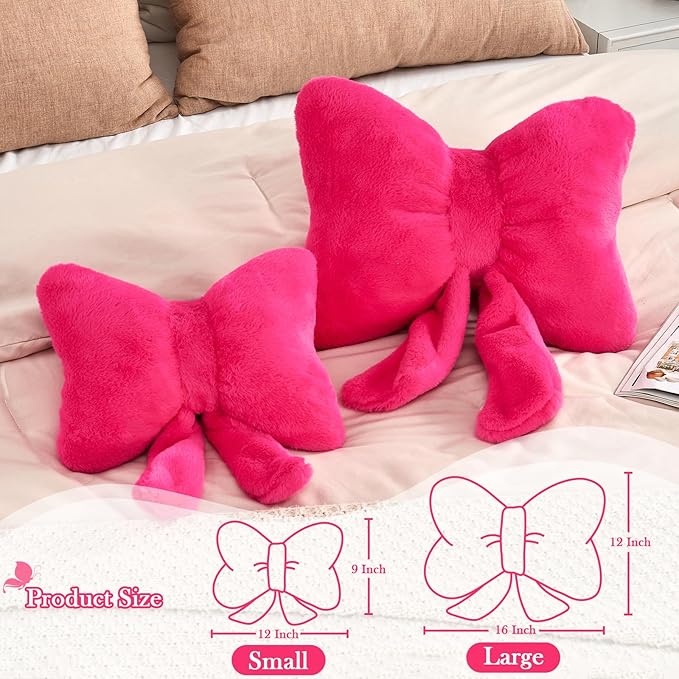Hot Pink Bow Pillow, Soft Bow Decorative Pillows with Faux Rabbit Fur, Cute 16" Bow Throw Pillows, Aesthetic Home Decor Bow Shaped Plush Pillow for Bedroom Sofa Couch