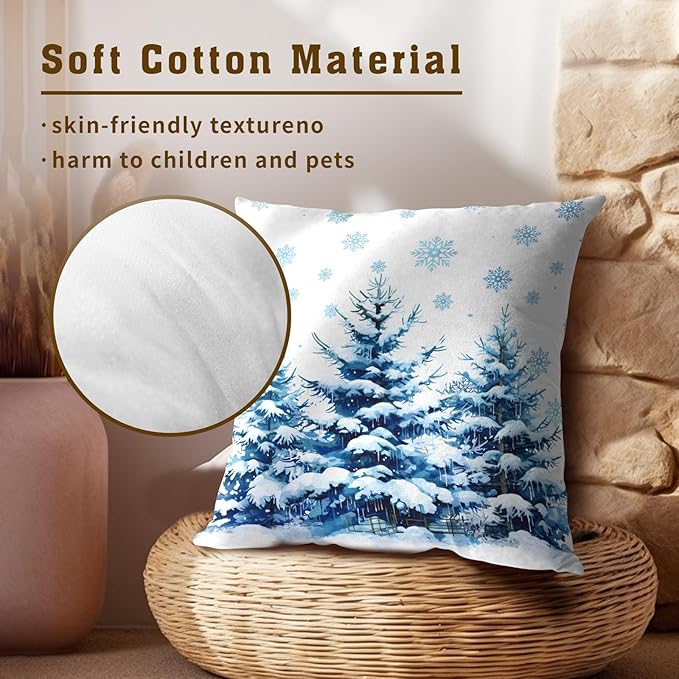 Snow Pine Trees Pillow Covers Set of 2 - Winter Snowflake Xmas Tree Blue White Throw Pillow Covers for Home Couch Christmas Holiday Decoration 20x20 Inch