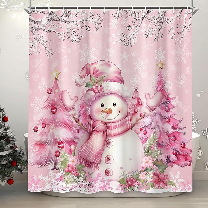 Pink Christmas Snowman Shower Curtain, Cute Winter Snowflake Snowman Pine Tree Decoration Xmas Shower Curtain for Bathroom, Farmhouse Christmas Holiday Fabric Bath Curtain Set with Hooks 72"X72"