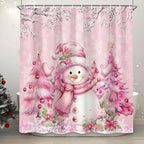 Pink Christmas Snowman Shower Curtain, Cute Winter Snowflake Snowman Pine Tree Decoration Xmas Shower Curtain for Bathroom, Farmhouse Christmas Holiday Fabric Bath Curtain Set with Hooks 72"X72"