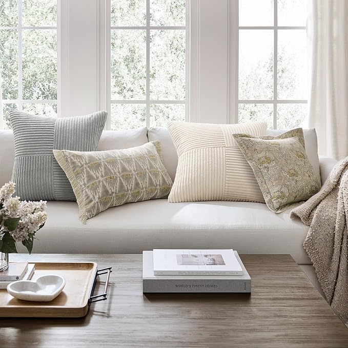 Topfinel Neutral Throw Pillow Covers for Couch,Boho Cozy Soft Cushion Covers Set of 4 with Corduroy,Nordic Accent Pillowcases for Sofa,Bed,Living Room Home Decor 18×18 Inch (Cream,White)