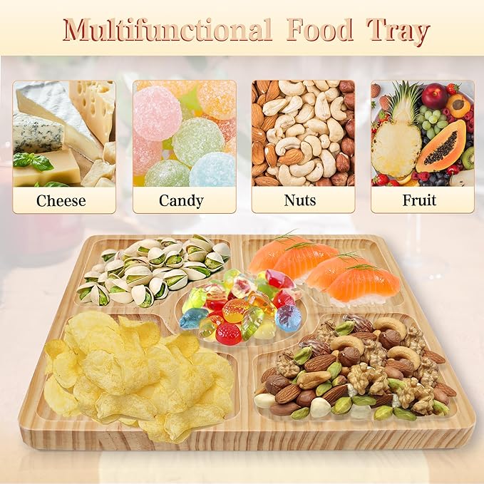 WILLKOMMEN Wood Divided Serving Tray, 11'' Square Tray Chip and Dip Platter, Serving Tray with 5 Sections for Appetizers & Snacks, Veggie Platter, Food Trays for Party