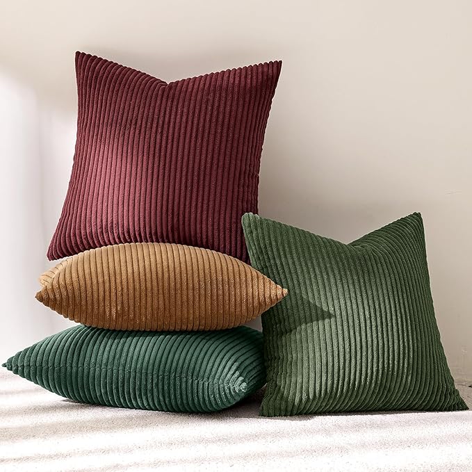 MIULEE Boho Farmhouse Christmas Green Throw Pillow Covers 18x18 Inch Set of 4 Mordern Nordic Cushion Covers Soft Corduroy Home Decor for Couch Bed Sofa Living Room