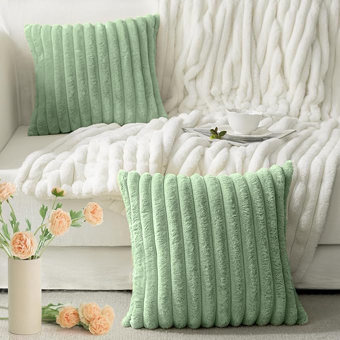 MOSAYT Spring Faux Fur Throw Pillow Covers 20x20, Set of 2, Plush Velvet Soft Pillow Case,Fluffy Striped Decorative Couch Pillow Covers for Sofa, Bedroom, Living Room(Sage Green)