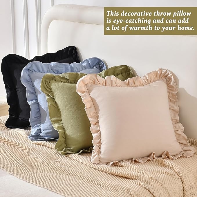 AmHoo Pack of 2 Throw Pillow Covers 100% Cotton Pre Washed Ruffle Decorative Pillowcase Cushion for Couch Sofa Bedroom 20 x 20-Inch Black