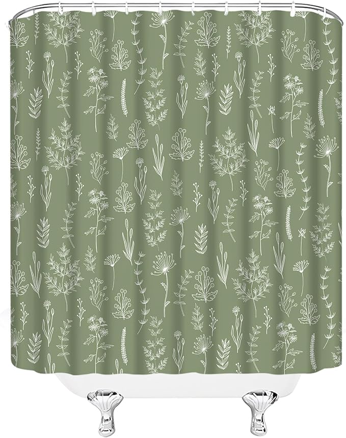 Sage Green Herbs Shower Curtain Boho Floral Retro Botanical Vintage Farmhouse Cute Leaves Plant Flowers Bathroom Curtain Set with Hooks(70" Wx74.8 H)