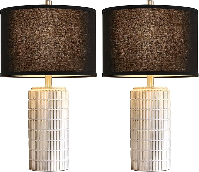 23'' Set of 2 Modern Ceramic Table Lamps, Minimalist Bedside Lamp, Rustic Nightstand End Table Lamp for Bedroom, Living Room, Study Room, Office, 2 LED Bulbs Included (Black)