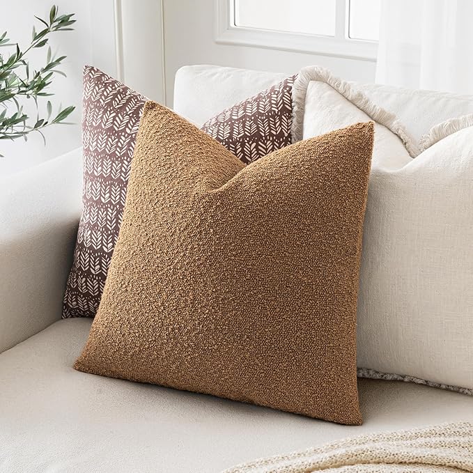 MIULEE 16x16 Inch Decorative Pillow Covers for Couch Bed Set of 2 Textured Boucle Neutral Winter Throw Pillows Brown Accent Solid Cushion Vintage Pillowcases Sofa Livingroom Home Decor