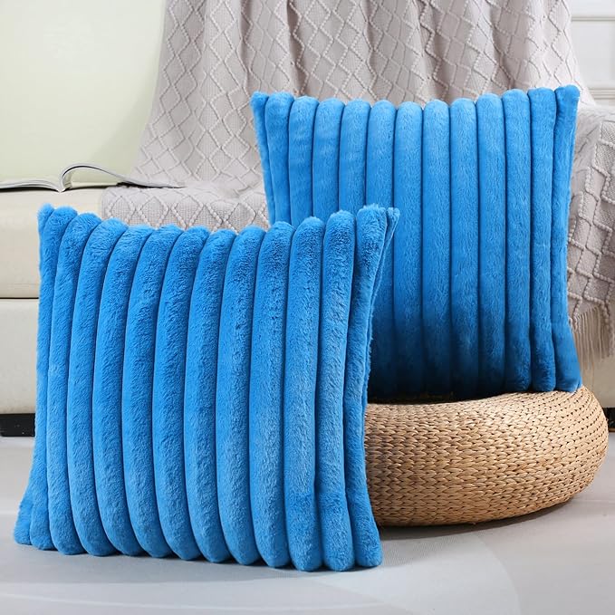 FUTEI Royal Blue Striped Decorative Throw Pillow Covers 26x26 Inch Set of 2,Square Winter Decorations Couch Euro Pillow Shams,Soft Cozy Faux Rabbit Fur & Velvet Back,Modern Home Decor for Bed
