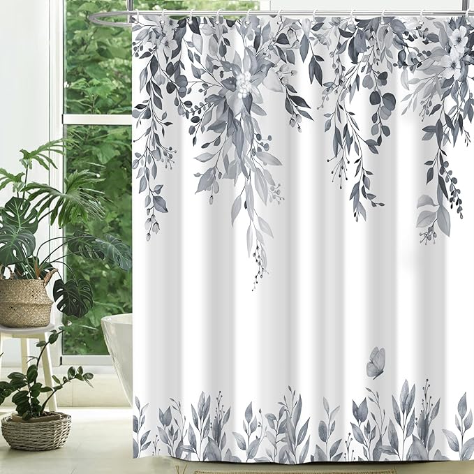 Eucalyptus Shower Curtain, Blue Grey Watercolor Leaves with Floral Botanical Bathroom Decor, Waterproof Fabric Bath Curtain Set with Hooks, 72x78 Inches