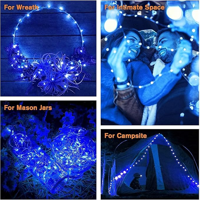 QITONG Blue Solar Fairy Lights, 4 Pack Each 33ft 100 LED String Lights Outdoor Waterproof, 8 Modes Silver Wire Twinkle Mini Lights
