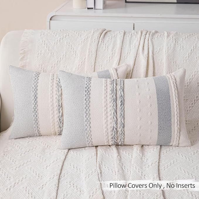 Boho Lumbar Pillow Covers Set of 2-12x20 Inch Decorative Farmhouse Striped Coastal Accent Textured Long Boho Throw Pillows for Couch, Neutral Rectangle Pillowcases for Bed, Home Decor, Grey