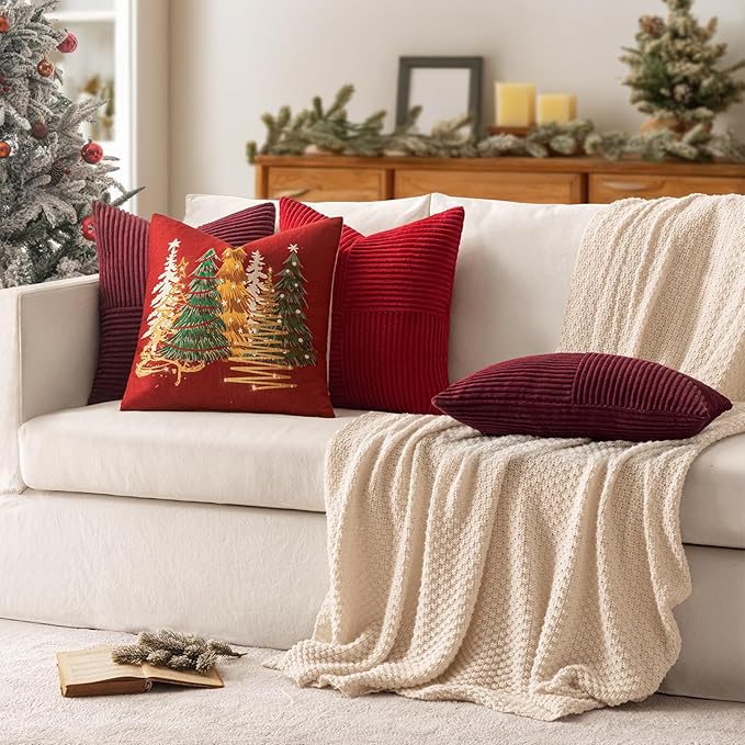 MIULEE Christmas Burgundy Corduroy Pillow Covers Pack of 2 Boho Decorative Spliced Throw Pillow Covers Soft Solid Couch Pillowcases Cross Patchwork Cushion Covers for Living Room Bed Sofa 18x18 inch