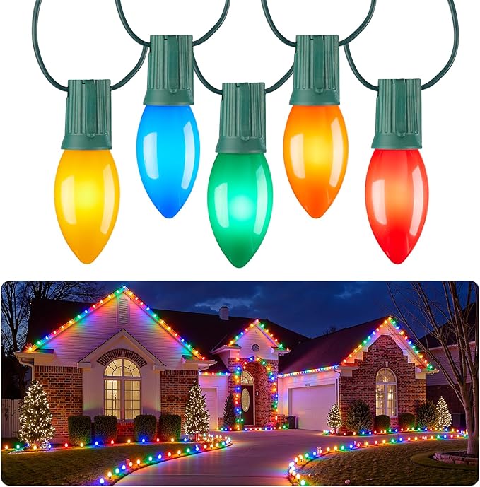 Brightown C9 LED Christmas Lights Outdoor, 25 FT 25 Multi-Colored Connectable C9 String Lights for Christmas Tree Patio Roofline Garden Backyard Holiday Party Indoor Outdoor Decoration, Green Wire