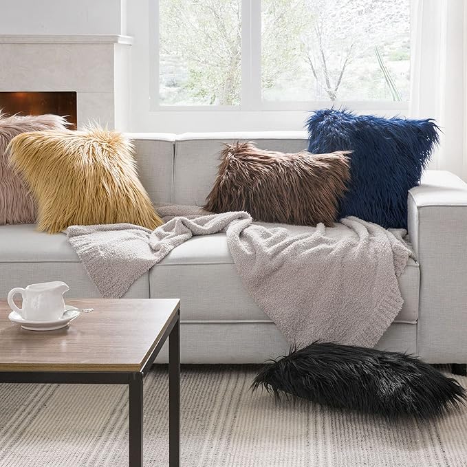 Phantoscope Pack of 2 Faux Fur Solid Throw Decorative Pillow Cover Cushion Covers Luxury Soft Decorative Pillowcase Fuzzy Pillow Covers for Bed/Couch,Navy Blue 24 x 24 Inches