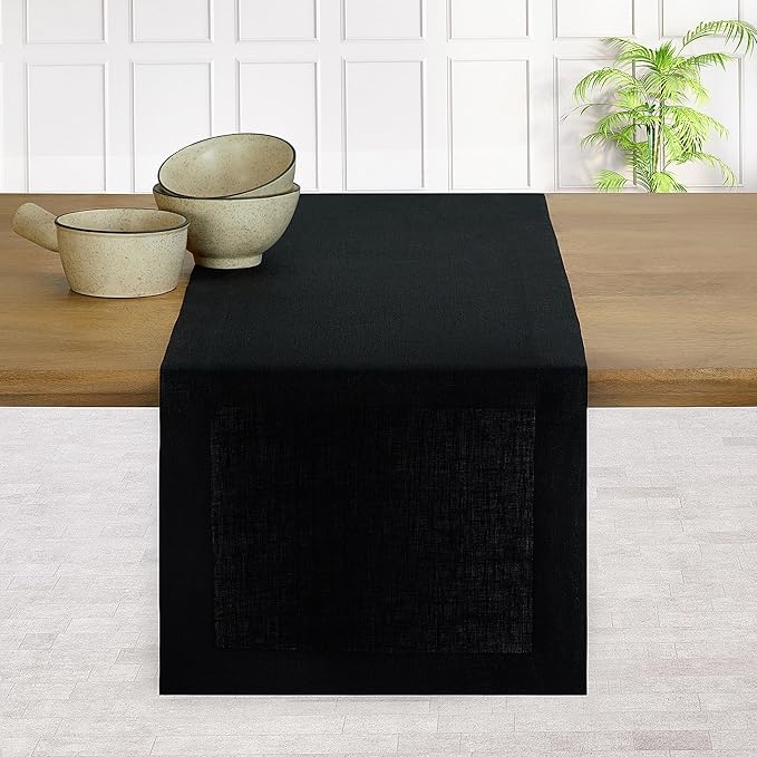 D'Moksha Homes Linen Black Table Runner 132 Inches Long - 100% Pure Linen Extra Long Table Runner 14 x 132 Inch for Fall, Autumn and Halloween - Machine Washable